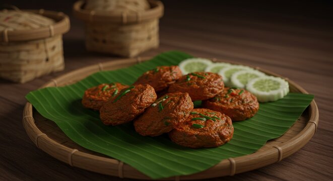 Delicious Thai Tod Mun Pla fish cakes served on banana leaf with lime wedges close up