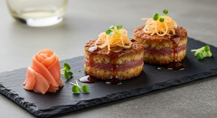 Gourmet Tuna Tataki Cakes Appetizer Japanese Cuisine Elegant Food Presentation