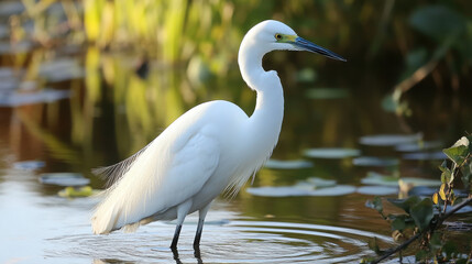 A white heron stands gracefully in shallow water, surrounded by greenery.