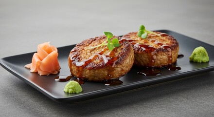 Delicious Japanese Hamburg Steaks with Glaze Ginger and Wasabi