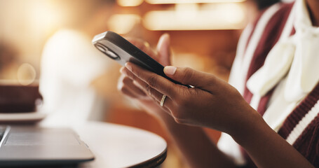 Hands, remote work or woman in cafe with phone for business review, ratings or hospitality survey....