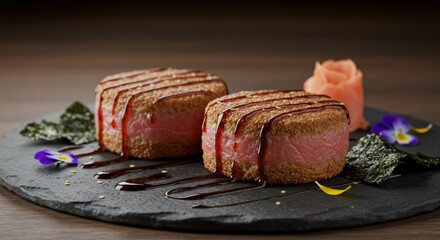 Gourmet Sesame Tuna Stacks with Soy Glaze Garnish and Seaweed on Slate