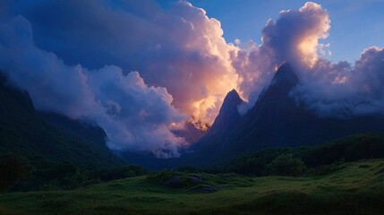 Dramatic sunset illuminates majestic peaks shrouded in clouds, casting a vibrant glow on the valley below