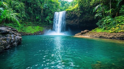 Wide shot of Haipa Waterfall in a tropical paradise,