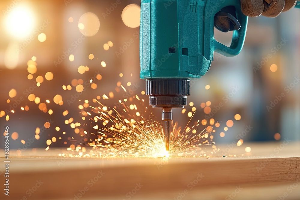 Poster close-up of a drill creating sparks while working on wood in a well-lit workshop.