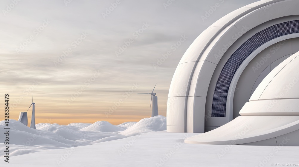 Poster a futuristic architectural structure sits amidst a snowy landscape, with gentle curves and a soft co