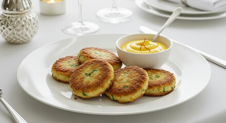 Delicious Golden Brown Fish Cakes with Saffron Aioli on White Plate