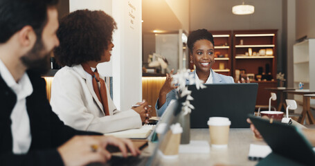 Corporate, people and talk in meeting at cafe for planning, discussion and ideas of project. Staff, conversation and online for schedule update, proposal feedback and b2b collaboration in coffee shop