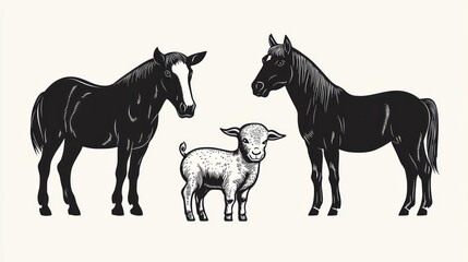 Fototapeta premium Silhouettes of horses and a lamb. Vintage style farm animals. Possible use stock photo for agricultural posters or children's books
