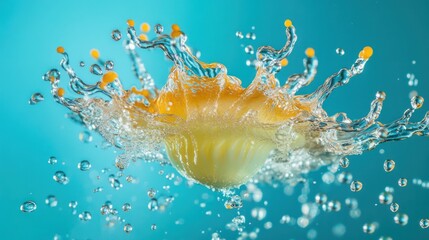 Yellow fruit splashing in blue water, vibrant background,  for food ads