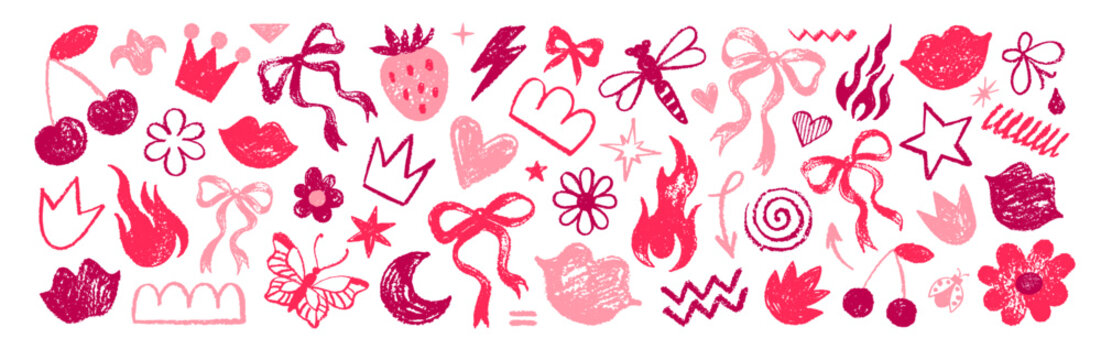Bow and heart girl coquette pattern. Cute crayon girly vector. Retro cherry flower kiss strawberry butterfly bg. Vintage pink Valentine Wedding bow ribbon print. Line shape doodle set. Y2k coquette