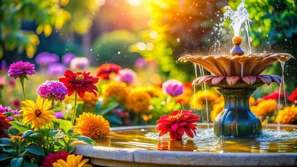 Serene Garden Fountain: Macro Photography of Blooming Flowers