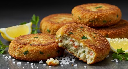 Delicious Golden Brown Crispy Fish Cakes with Lemon Parsley Garnish