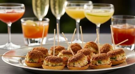Delicious Crab Cakes Appetizers on Silver Platter with Cocktails