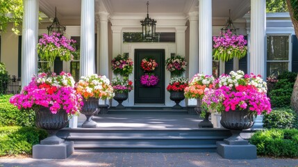 Fototapeta premium A charming floral entrance with symmetrical flower-filled pots on each side.
