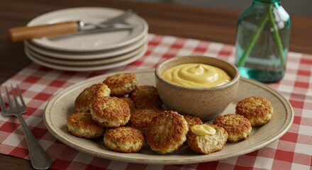 Delicious Chicken Nuggets with Creamy Mustard Dip on Gingham Tablecloth
