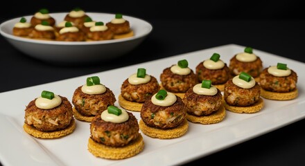 Delicious Crab Cakes Appetizers on Cornbread Gourmet Food Party Platter