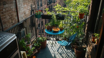 A city apartment balcony transformed into a green oasis with potted plants.
