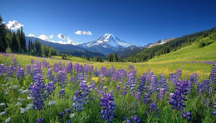 Scenic landscape with vibrant wildflowers and majestic snow-capped mountain under clear blue skies, showcasing nature's beauty and serenity in springtime.