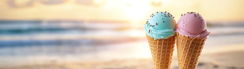 Two colorful ice cream cones with mint and strawberry flavors, set against a blurred beach background, evoking feelings of summer and joy at the seaside.