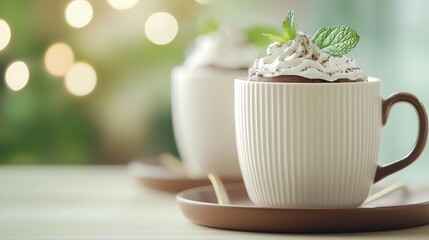 Two cups of creamy hot chocolate topped with whipped cream and mint leaves, placed on a wooden table, with soft bokeh lights in the background creating a warm atmosphere.