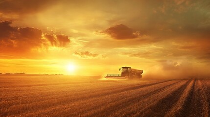 Fototapeta premium Epic agricultural scene, mechanical harvester moving through field, setting sun creating dramatic sky, dust particles catching evening light, industrial farm equipment, overflowing grain wagon,