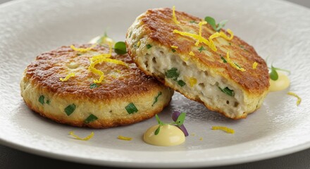 Delicious Crispy Fish Cakes with Lemon Zest Garnish and Sauce