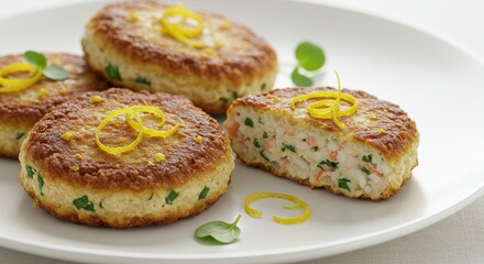 Delicious Golden Brown Shrimp Cakes with Lemon Zest Garnish Close Up Food Photography