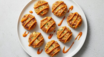 Delicious Savory Crab Cakes Appetizer with Spicy Orange Drizzle on White Plate