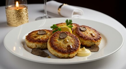 Gourmet Truffle Infused Crab Cakes Lemon Garnish Elegant Dinner Plate