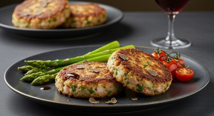 Gourmet Truffle and Seafood Cakes with Asparagus Elegant Dinner Plate