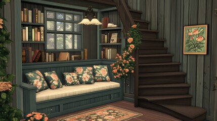 A cozy reading nook by the stairs with decorative planters creating a warm feel.