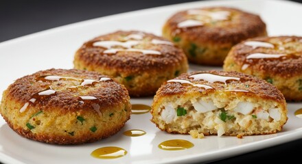 Delicious Golden Brown Crab Cakes with Drizzled Honey Glaze Close up Food Photography