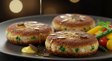 Gourmet Fish Cakes with Truffle Oil and Spring Vegetables Close up