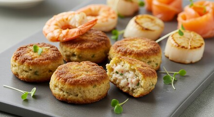 Delicious Seafood Platter Scallops Shrimp and Crab Cakes Appetizer