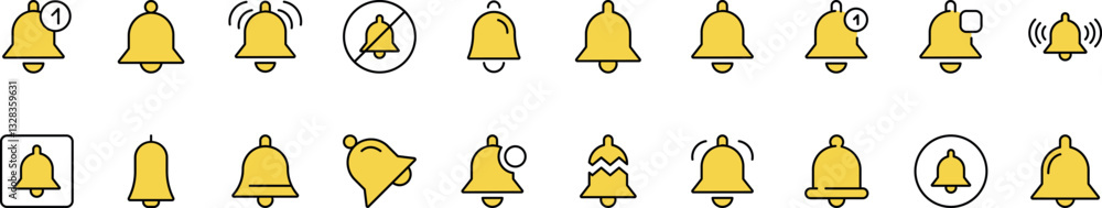 Poster bundle of filled color icons of yellow bell. minimalistic linear pictogram for web and graphic desig