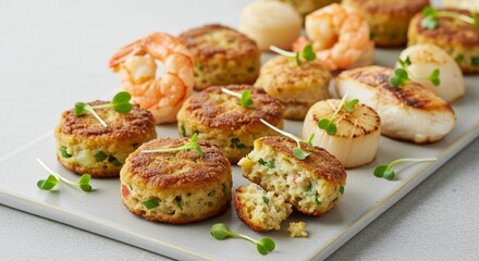Delicious Seafood Cakes with Scallops Shrimp and Garnish