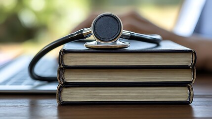 Stethoscope on medical textbooks near laptop.