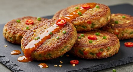 Delicious Spicy Fish Cakes with Sweet Chili Sauce Close Up