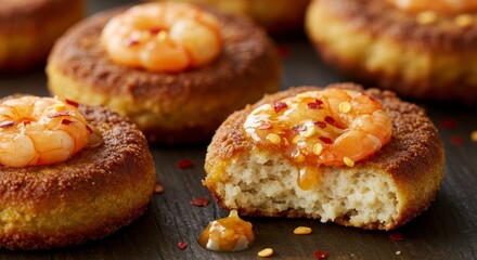 Delicious Crispy Shrimp Cakes with Sweet Chili Sauce Close up View