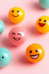 Colorful balls with happy faces scattered on pink background