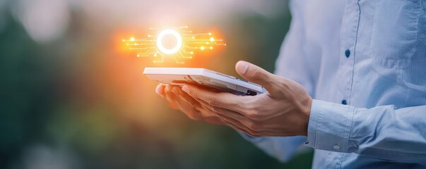 A person holds a smartphone with glowing digital icons, suggesting technology and innovation in a natural outdoor setting.