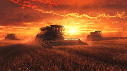 Fototapeta premium Large scale farming machinery harvesting crops during sunset, glowing orange horizon, industrial agricultural equipment in action, metallic harvest bin filled with grain, dusty atmosphere, panoramic