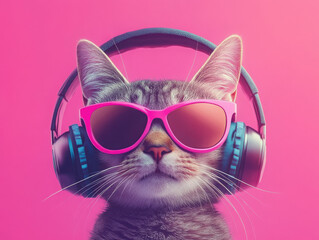 Trendy cat wearing sunglasses and headphones against pink backdrop.