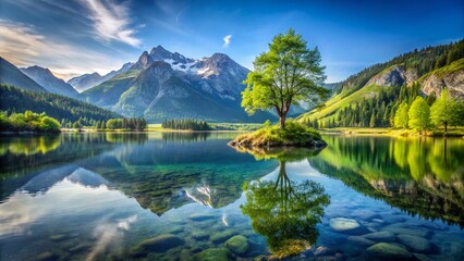 Fototapeta premium Serene Mountain Lake with Solitary Tree - Peaceful Nature Scene Stock Photo