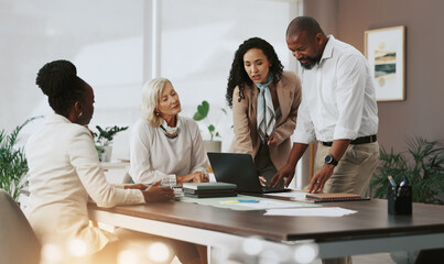Laptop, talking and meeting with business people in office for strategy, teamwork and research....