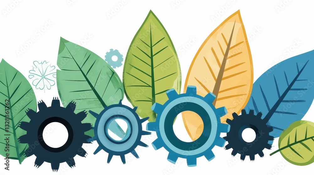 Poster a vibrant illustration combining colorful leaves with mechanical gears, symbolizing the harmony betw