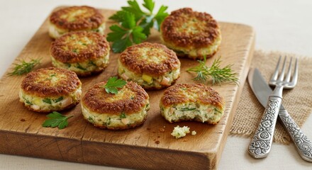 Delicious Golden Brown Fish Cakes on Wooden Board Appetizing Food Photography