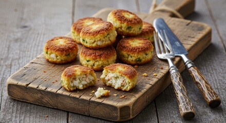 Delicious Golden Brown Crab Cakes on Rustic Wooden Board Appetizer Food Photography