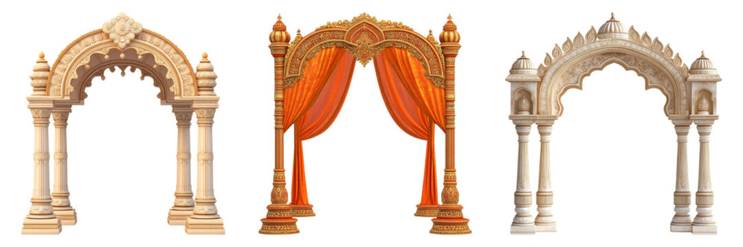 Set of ornate wedding mandap and decorative arch isolated on transparent background, in PNG format, cut out
